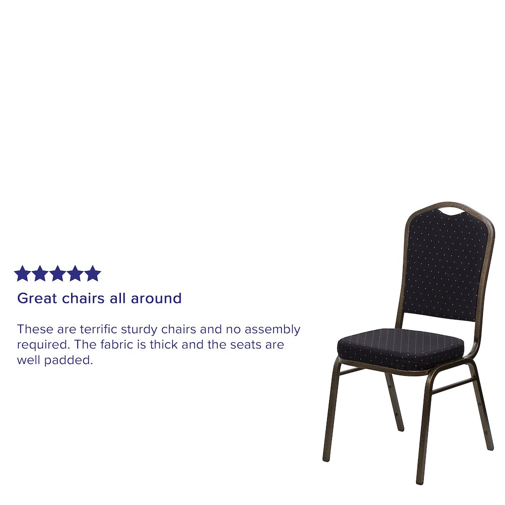 Crown Back Stacking Banquet Chair in Black Patterned Fabric - Gold Vein Frame. Picture 4