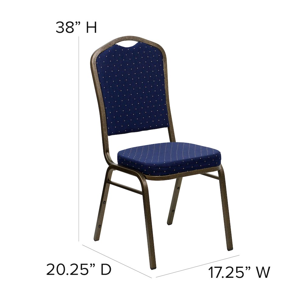 Crown Back Stacking Banquet Chair in Navy Blue Dot Fabric - Gold Vein Frame. Picture 6