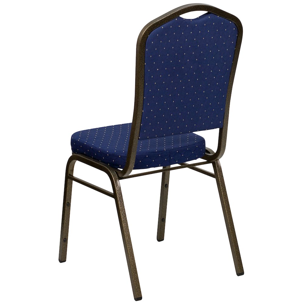 Crown Back Stacking Banquet Chair in Navy Blue Dot Fabric - Gold Vein Frame. Picture 7