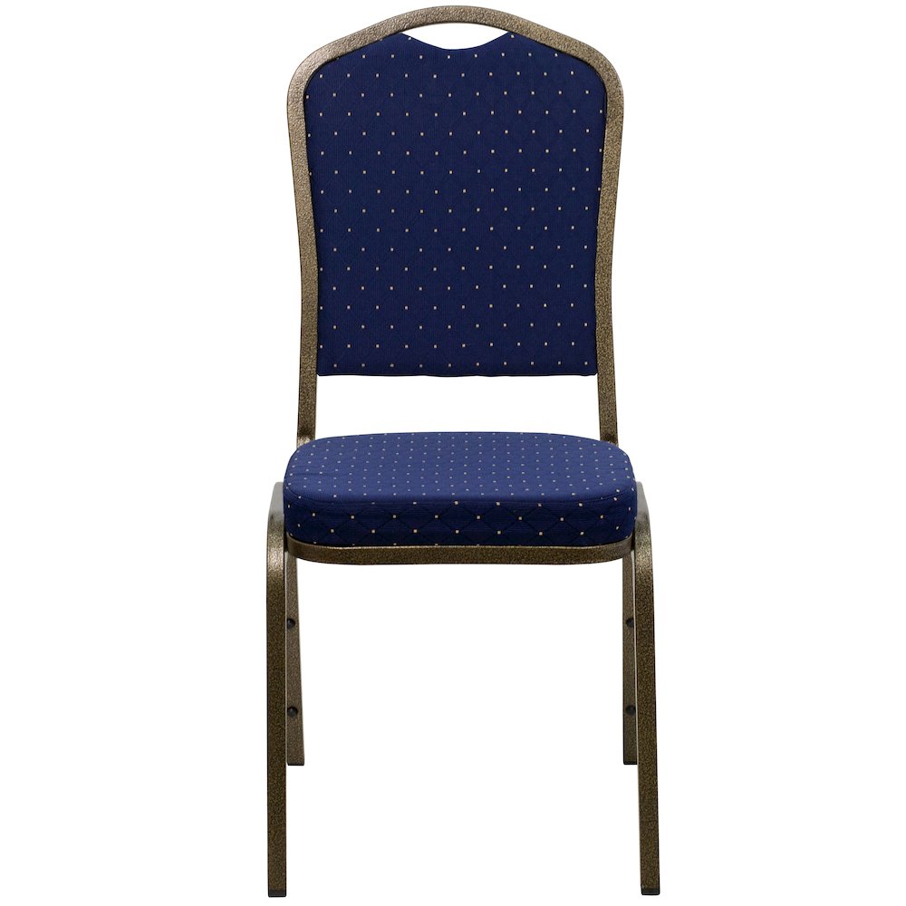 Crown Back Stacking Banquet Chair in Navy Blue Dot Fabric - Gold Vein Frame. Picture 10