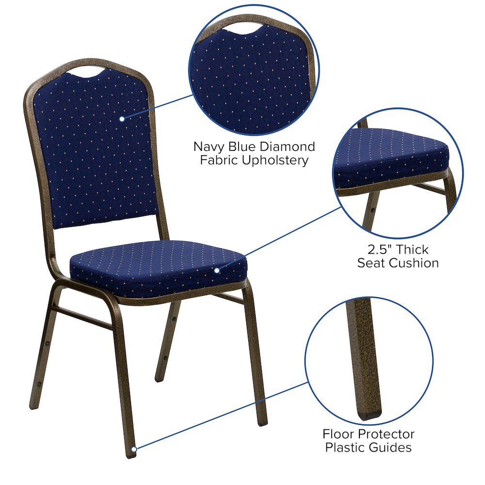 Crown Back Stacking Banquet Chair in Navy Blue Dot Fabric - Gold Vein Frame. Picture 5