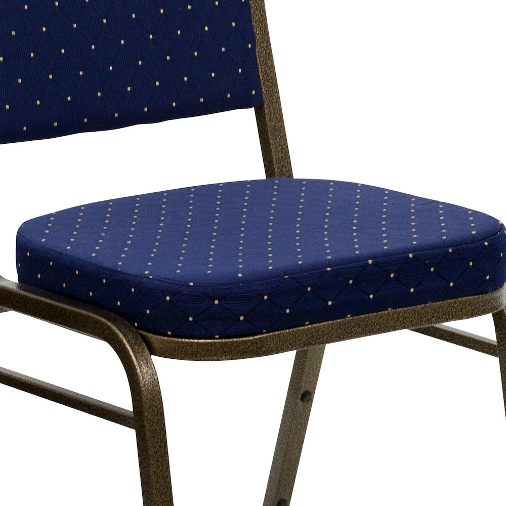 Crown Back Stacking Banquet Chair in Navy Blue Dot Fabric - Gold Vein Frame. Picture 13
