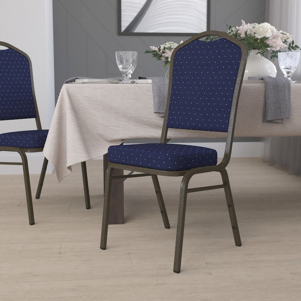 Crown Back Stacking Banquet Chair in Navy Blue Dot Fabric - Gold Vein Frame. Picture 2