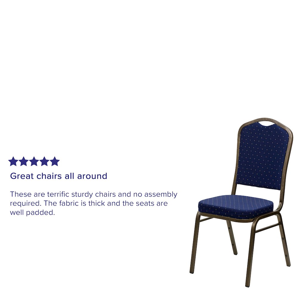 Crown Back Stacking Banquet Chair in Navy Blue Dot Fabric - Gold Vein Frame. Picture 4