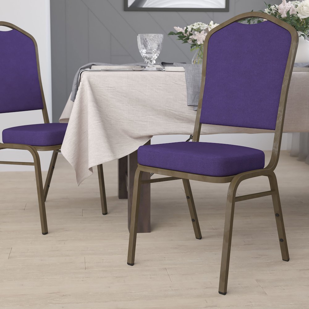 Crown Back Stacking Banquet Chair in Purple Fabric - Gold Vein Frame. Picture 9