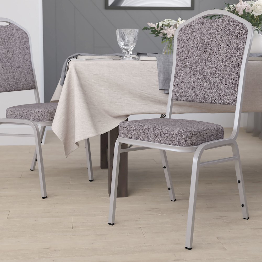 Crown Back Stacking Banquet Chair in Herringbone Fabric - Silver Frame. Picture 2