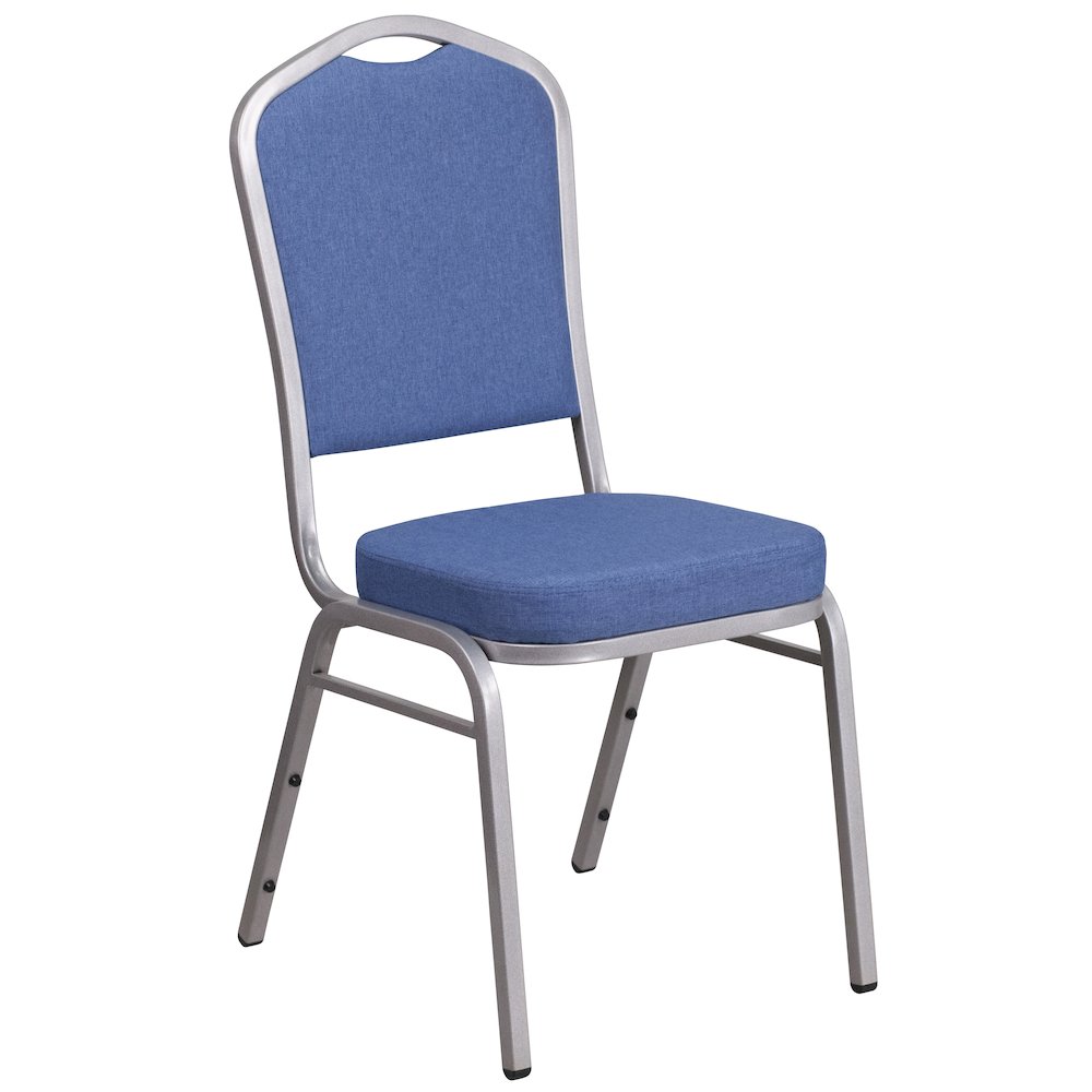 Crown Back Stacking Banquet Chair in Blue Fabric - Silver Frame. Picture 1