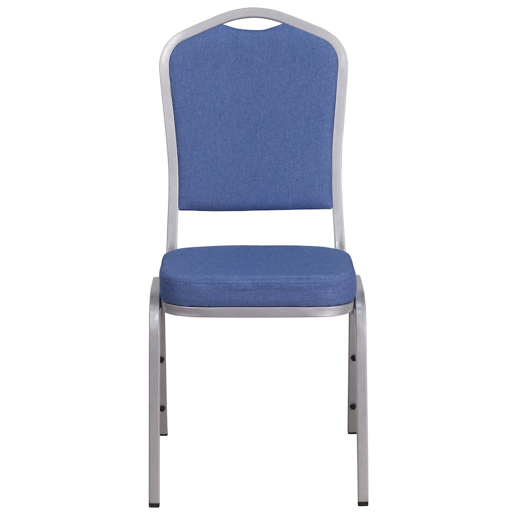 Crown Back Stacking Banquet Chair in Blue Fabric - Silver Frame. Picture 9