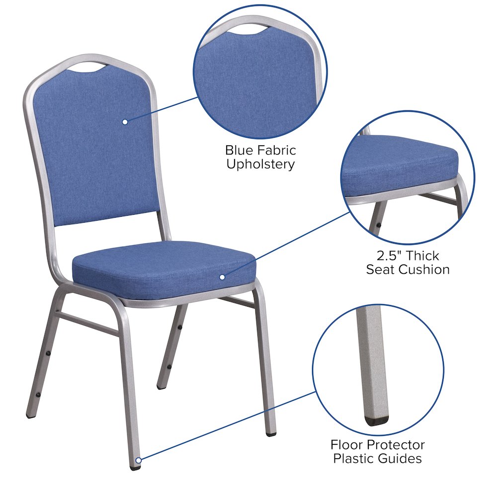 Crown Back Stacking Banquet Chair in Blue Fabric - Silver Frame. Picture 4