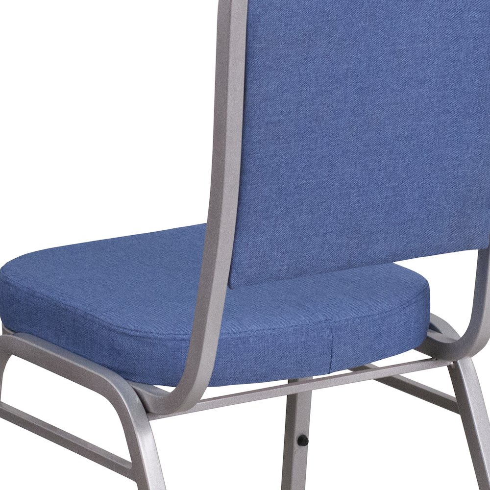 Crown Back Stacking Banquet Chair in Blue Fabric - Silver Frame. Picture 10