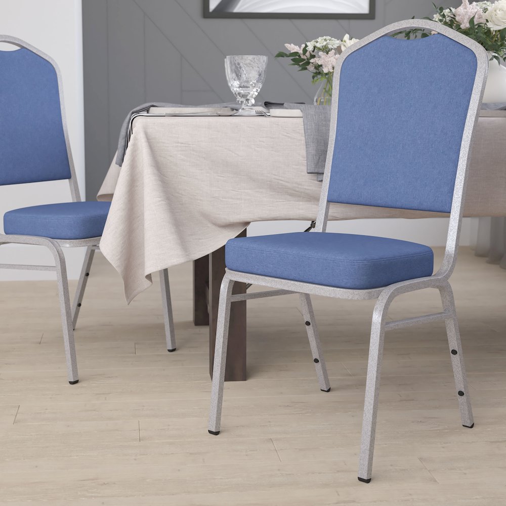 Crown Back Stacking Banquet Chair in Blue Fabric - Silver Frame. Picture 2