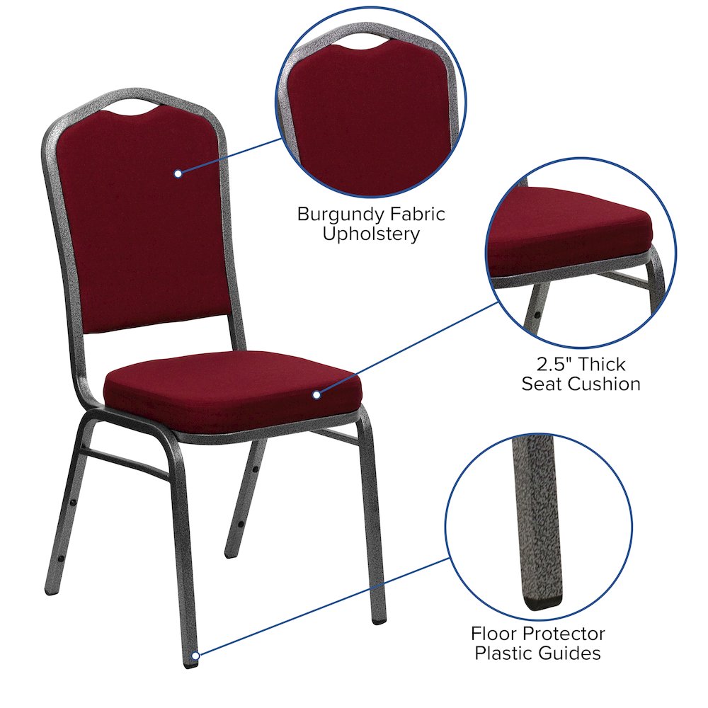 Crown Back Stacking Banquet Chair in Burgundy Fabric - Silver Vein Frame. Picture 5