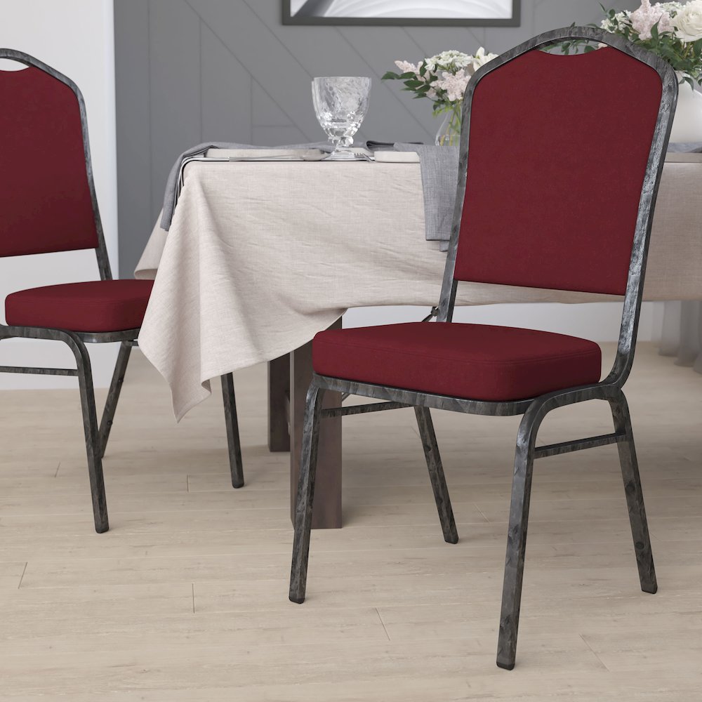 Crown Back Stacking Banquet Chair in Burgundy Fabric - Silver Vein Frame. Picture 2