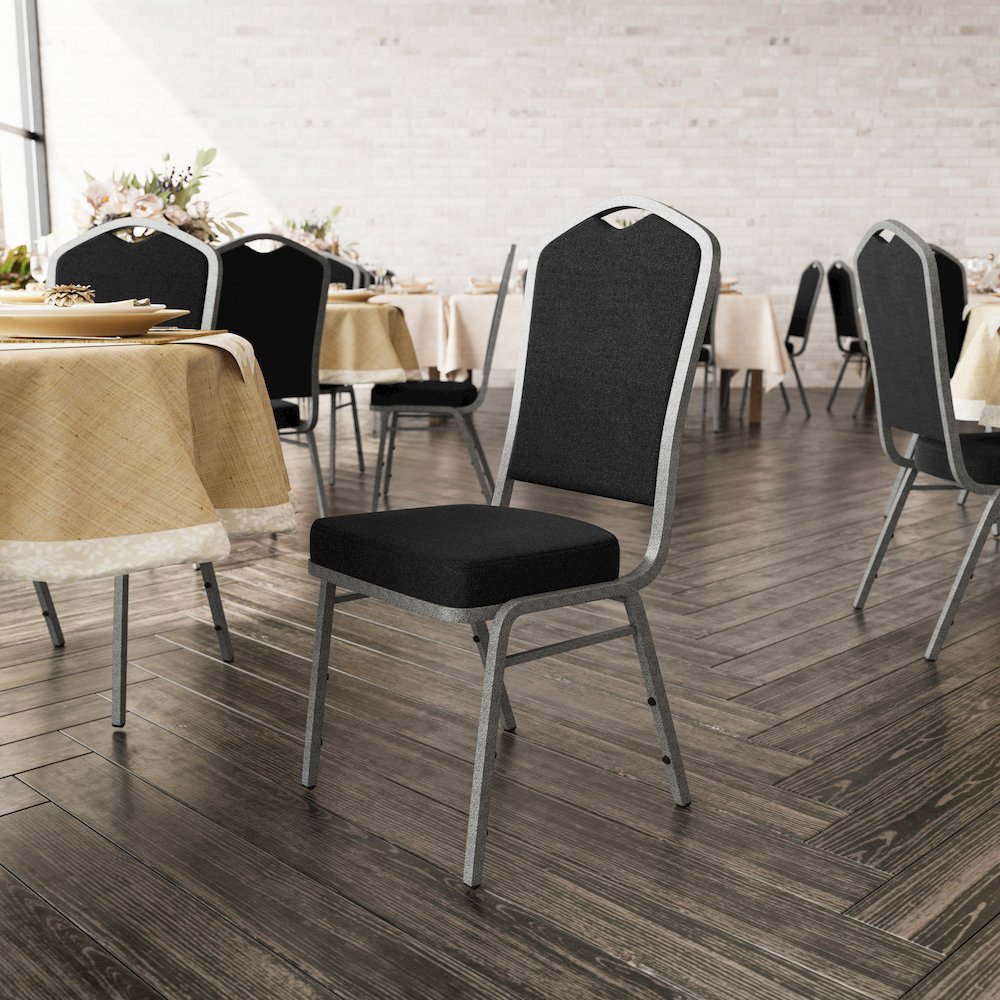 Crown Back Stacking Banquet Chair in Black Fabric - Silver Vein Frame. Picture 3