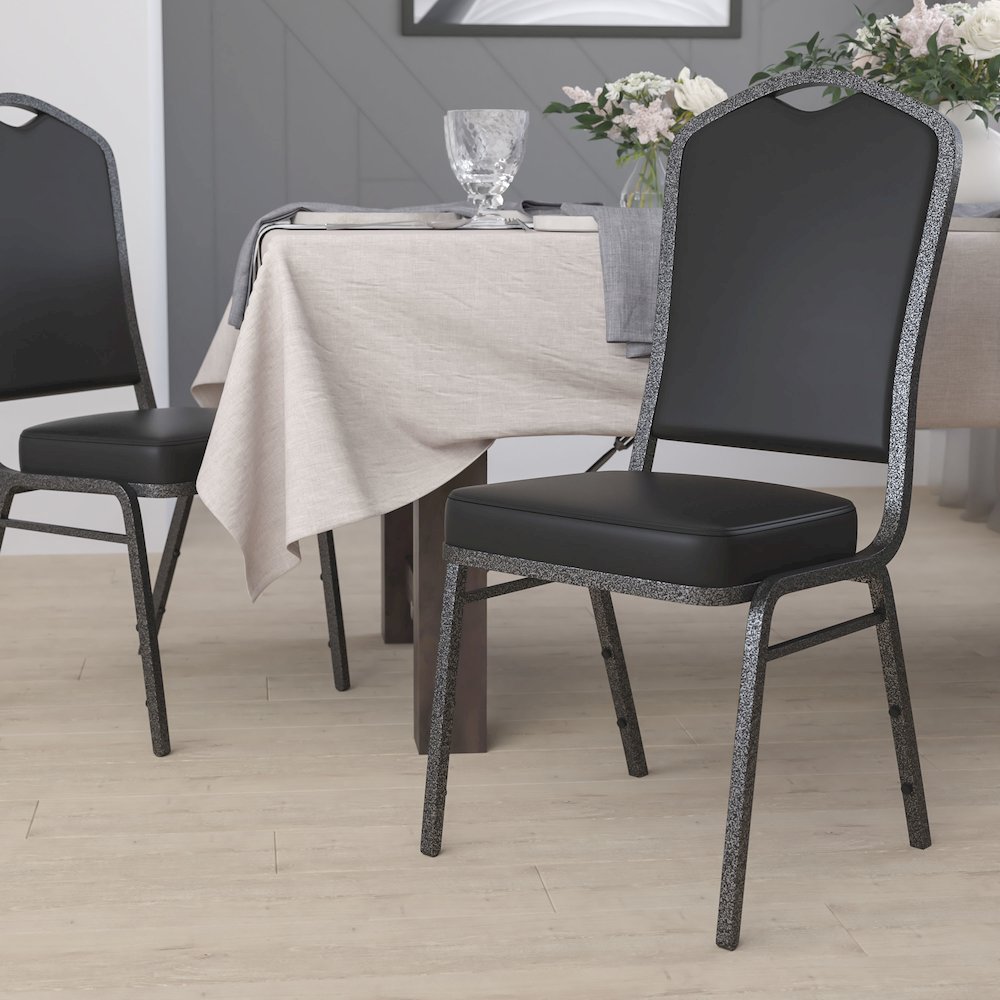 Crown Back Stacking Banquet Chair in Black Vinyl - Silver Vein Frame. Picture 2
