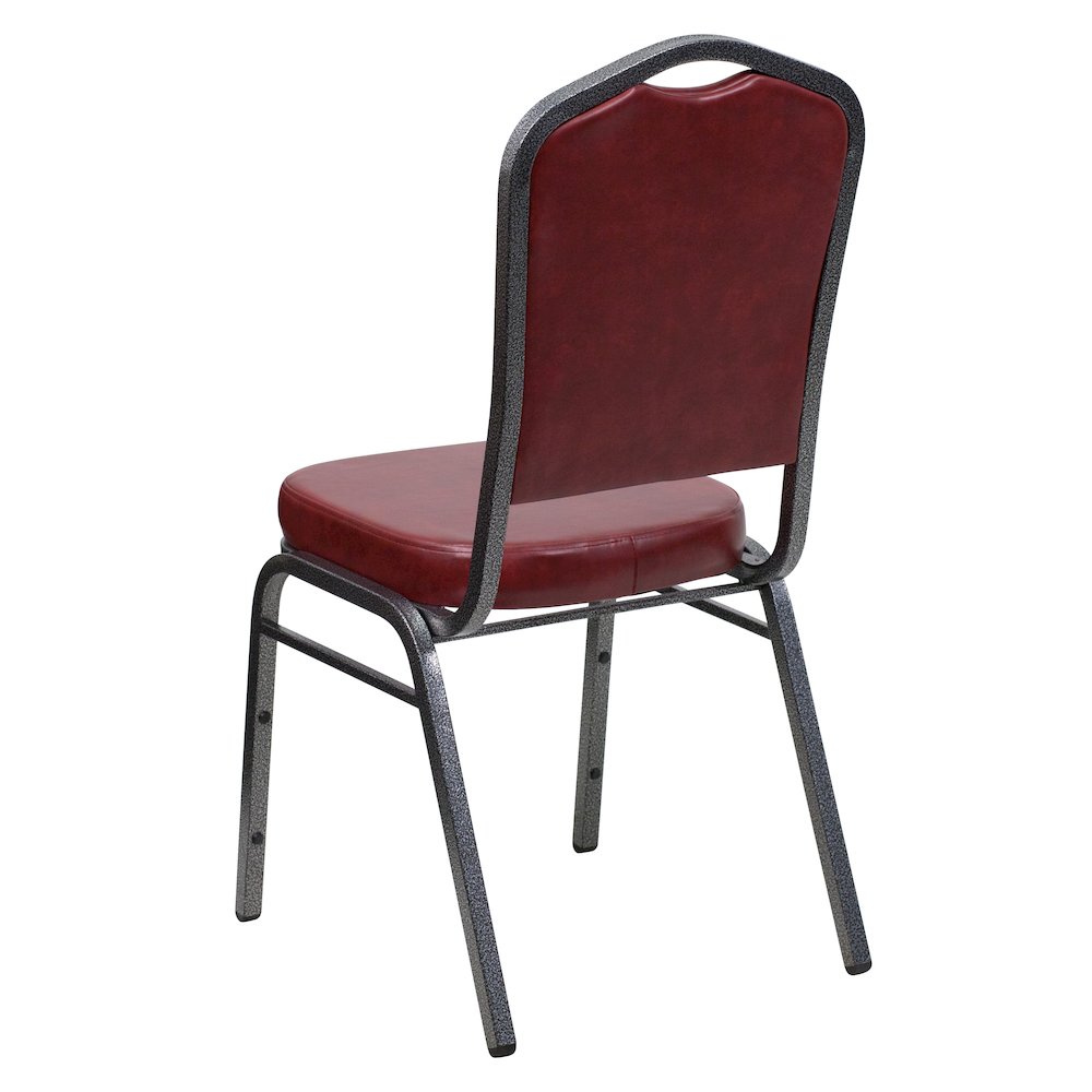 Crown Back Stacking Banquet Chair in Burgundy Vinyl - Silver Vein Frame. Picture 7
