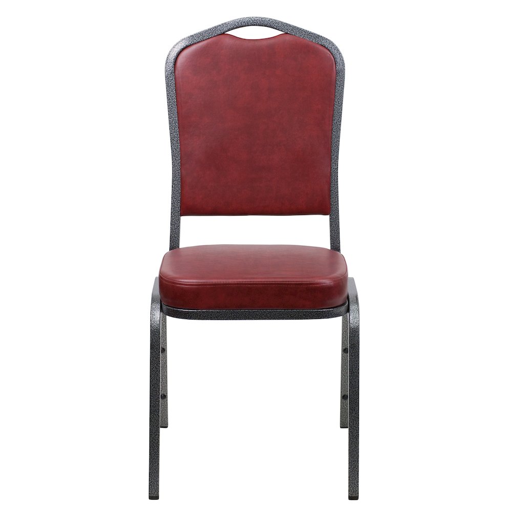 Crown Back Stacking Banquet Chair in Burgundy Vinyl - Silver Vein Frame. Picture 10