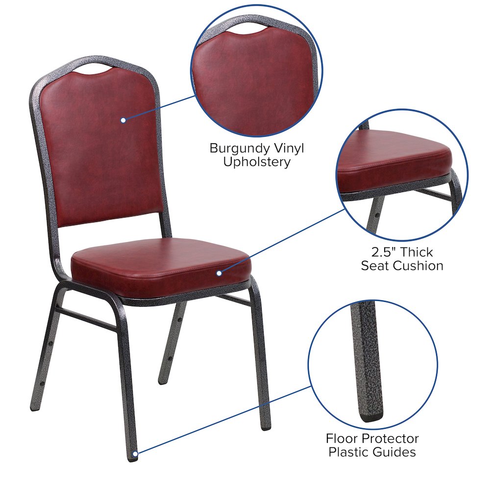 Crown Back Stacking Banquet Chair in Burgundy Vinyl - Silver Vein Frame. Picture 5
