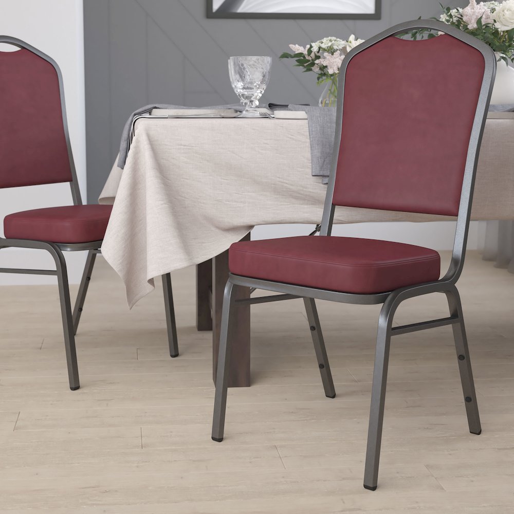 Crown Back Stacking Banquet Chair in Burgundy Vinyl - Silver Vein Frame. Picture 2
