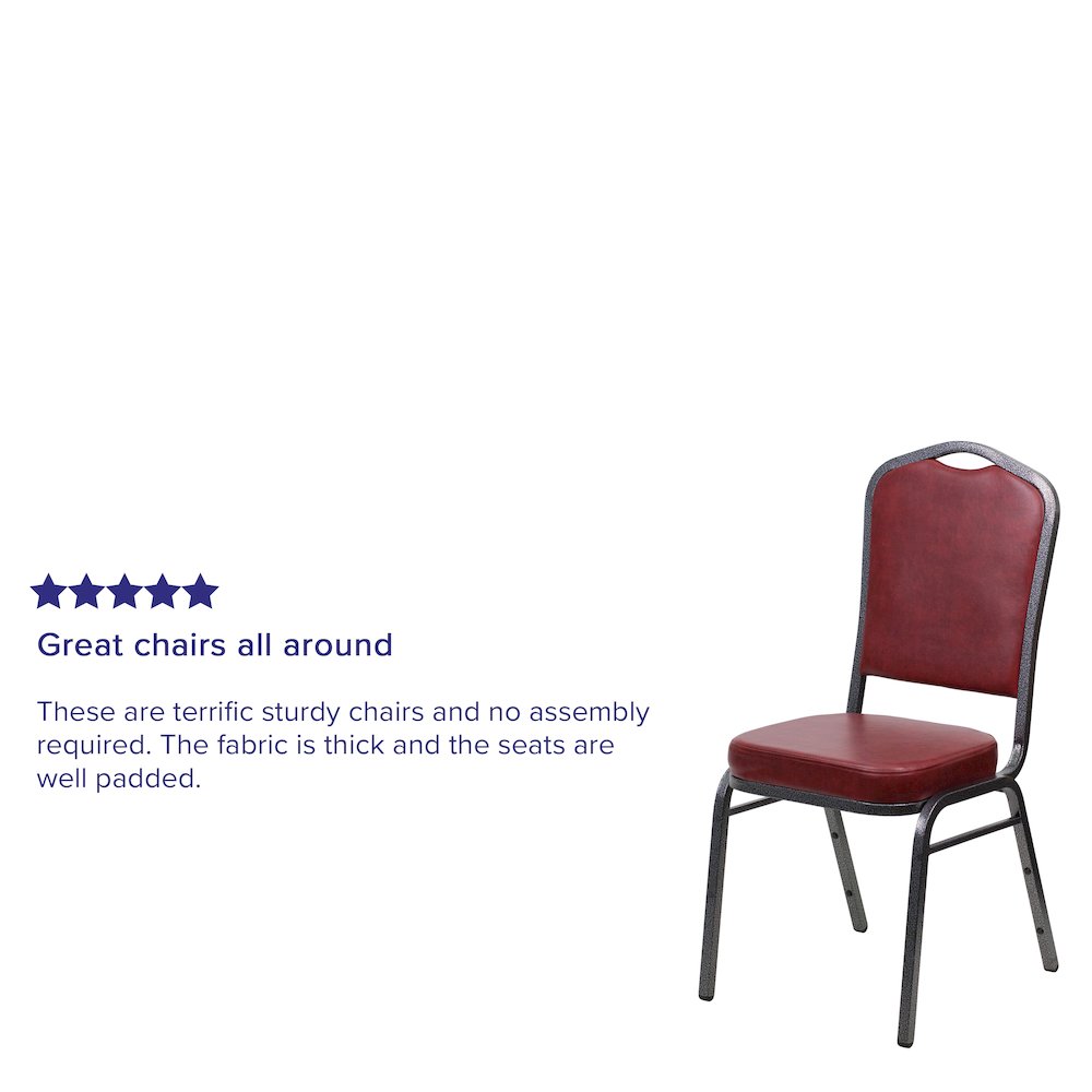 Crown Back Stacking Banquet Chair in Burgundy Vinyl - Silver Vein Frame. Picture 4