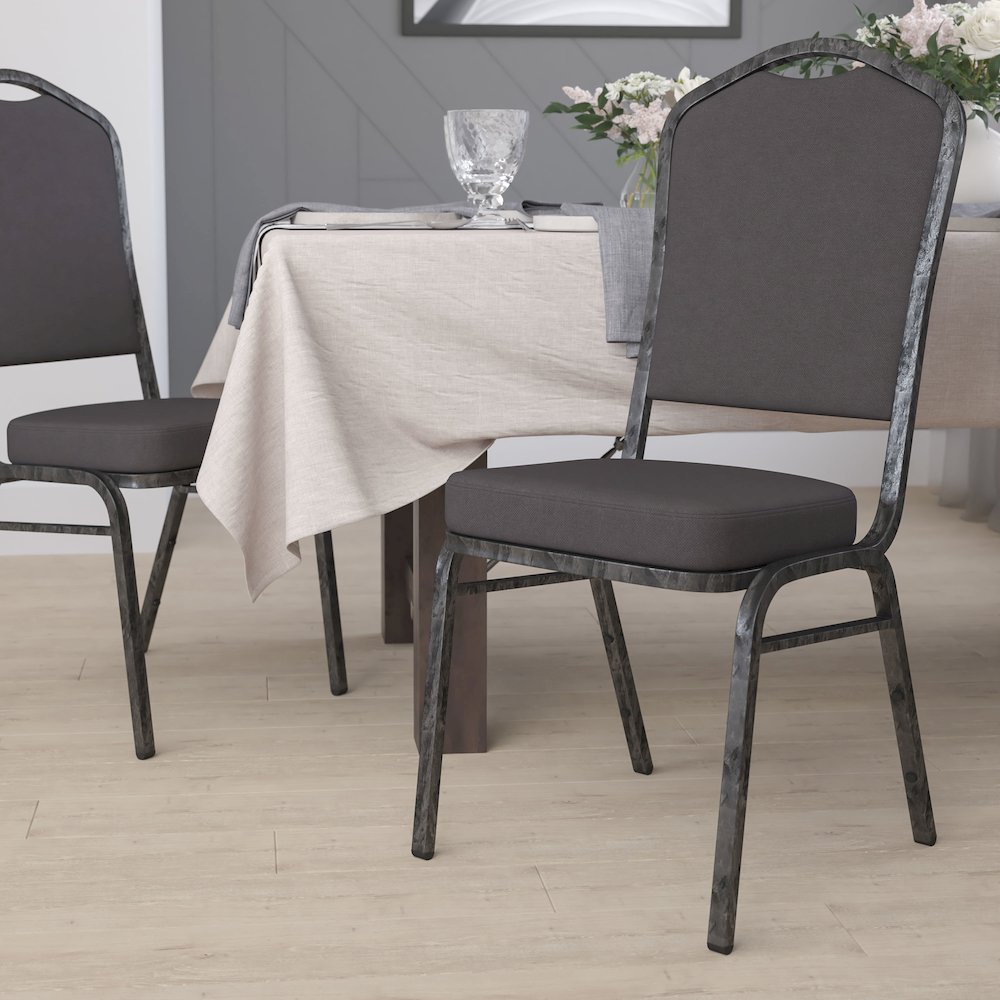 Crown Back Stacking Banquet Chair in Gray Fabric - Silver Vein Frame. Picture 2