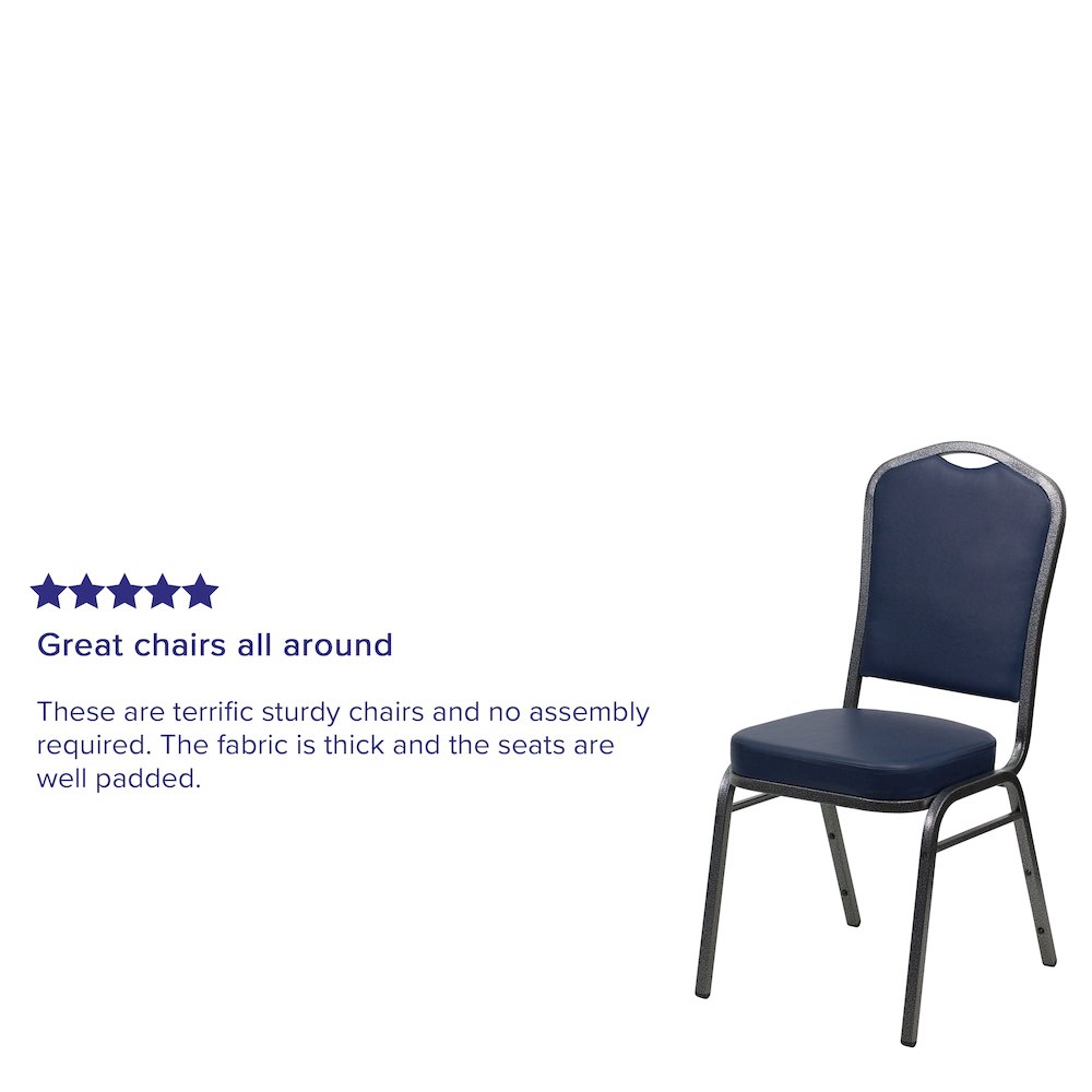 Crown Back Stacking Banquet Chair in Navy Vinyl - Silver Vein Frame. Picture 4