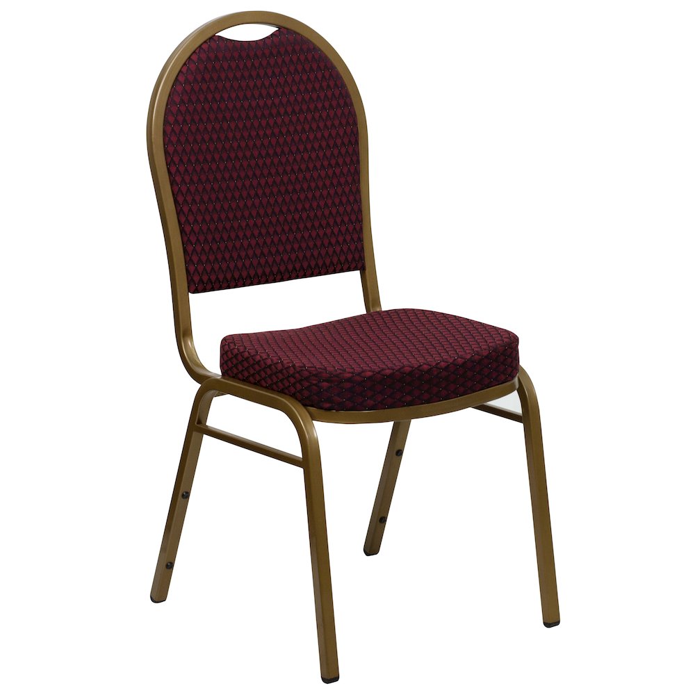Dome Back Stacking Banquet Chair in Burgundy Patterned Fabric - Gold Frame. Picture 1