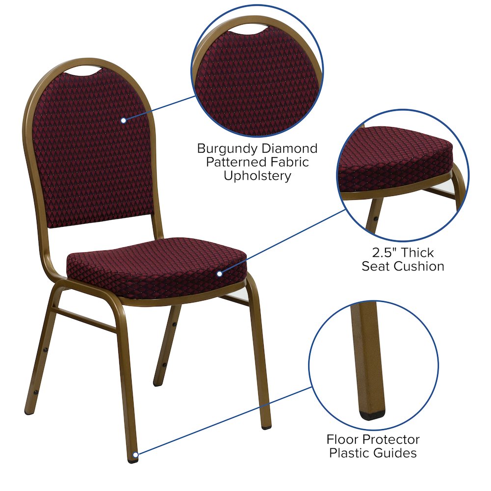Dome Back Stacking Banquet Chair in Burgundy Patterned Fabric - Gold Frame. Picture 5