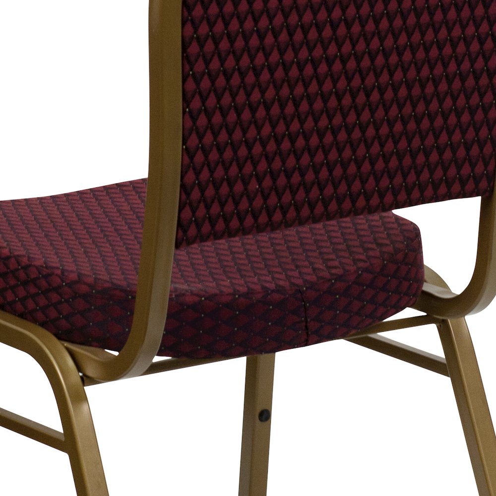 Dome Back Stacking Banquet Chair in Burgundy Patterned Fabric - Gold Frame. Picture 11