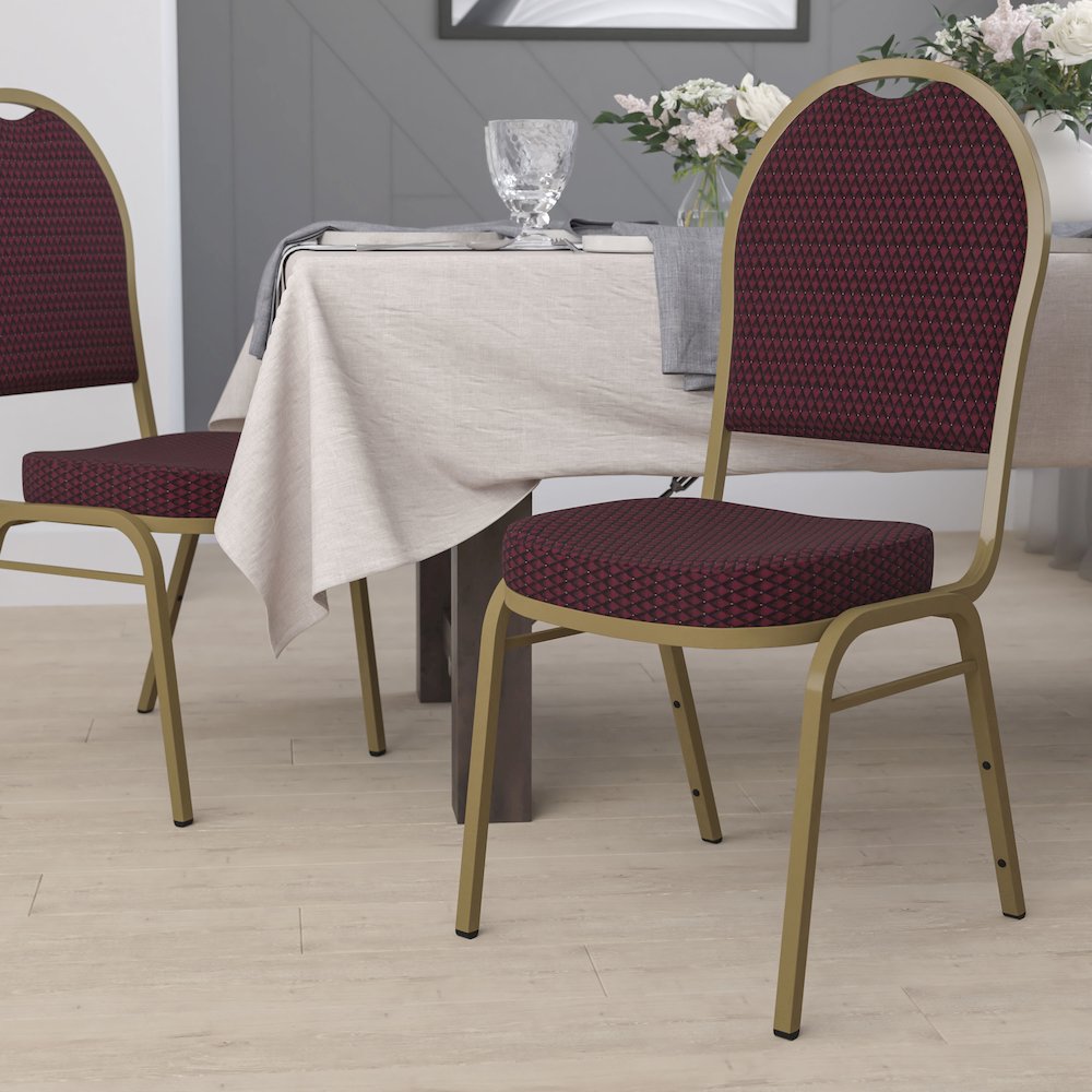 Dome Back Stacking Banquet Chair in Burgundy Patterned Fabric - Gold Frame. Picture 2