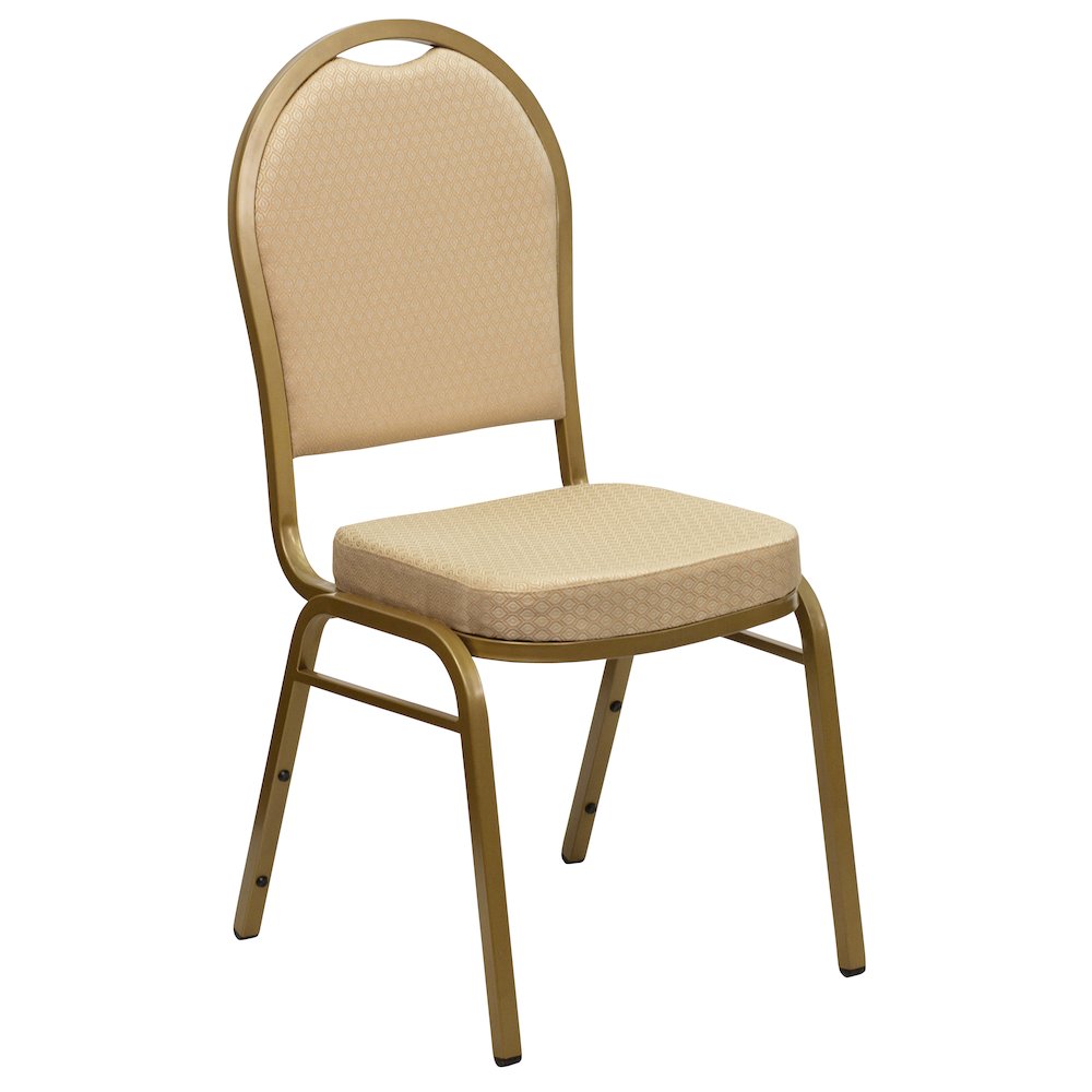 Dome Back Stacking Banquet Chair in Beige Patterned Fabric - Gold Frame. Picture 1