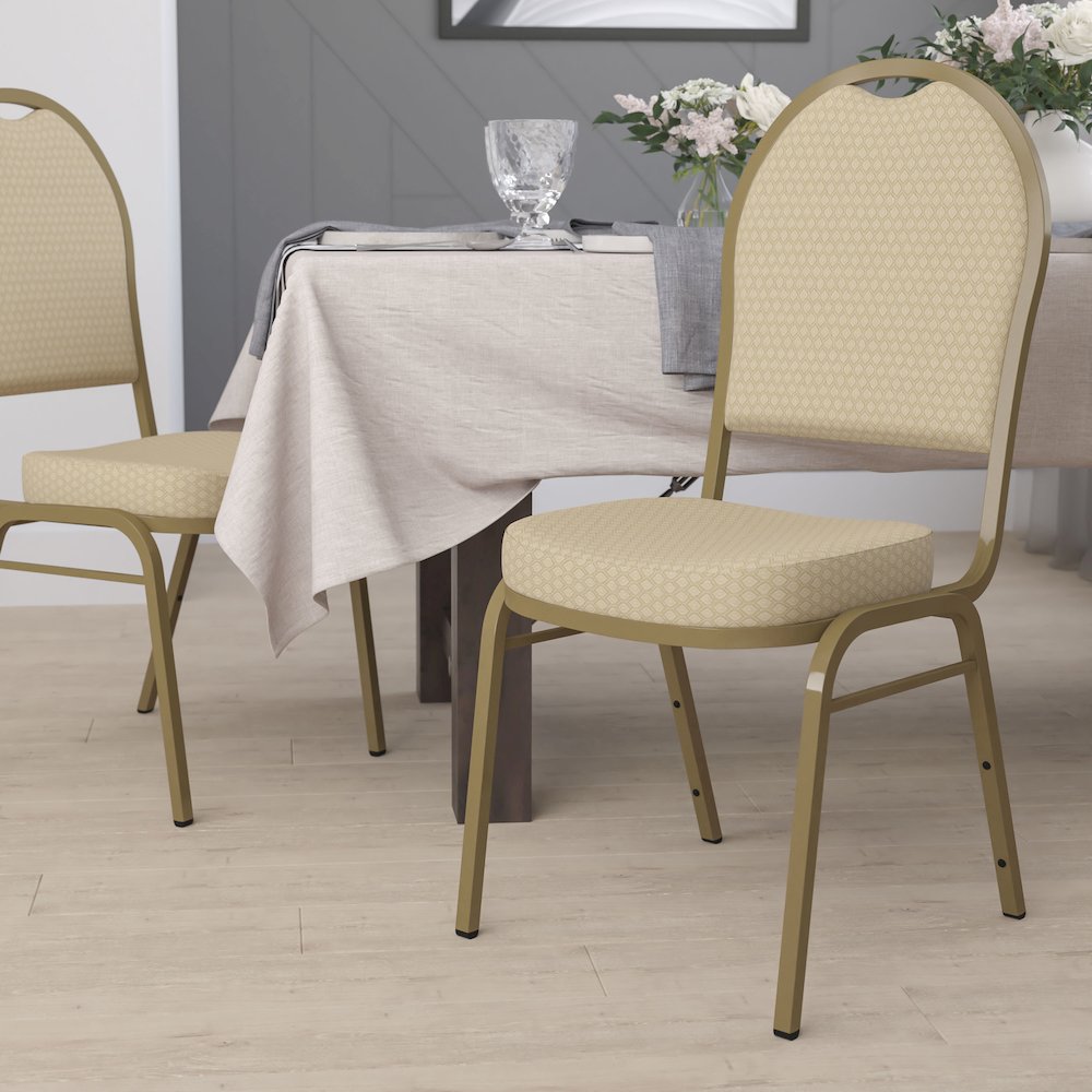 Dome Back Stacking Banquet Chair in Beige Patterned Fabric - Gold Frame. Picture 2