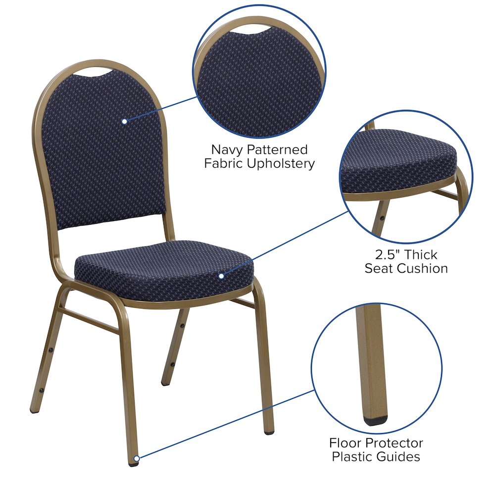 Dome Back Stacking Banquet Chair in Navy Patterned Fabric - Gold Frame. Picture 5