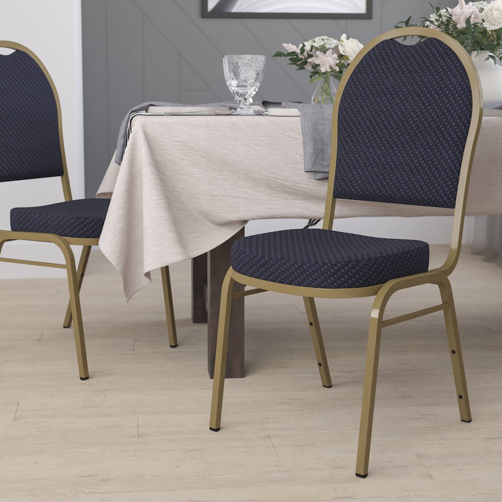Dome Back Stacking Banquet Chair in Navy Patterned Fabric - Gold Frame. Picture 2
