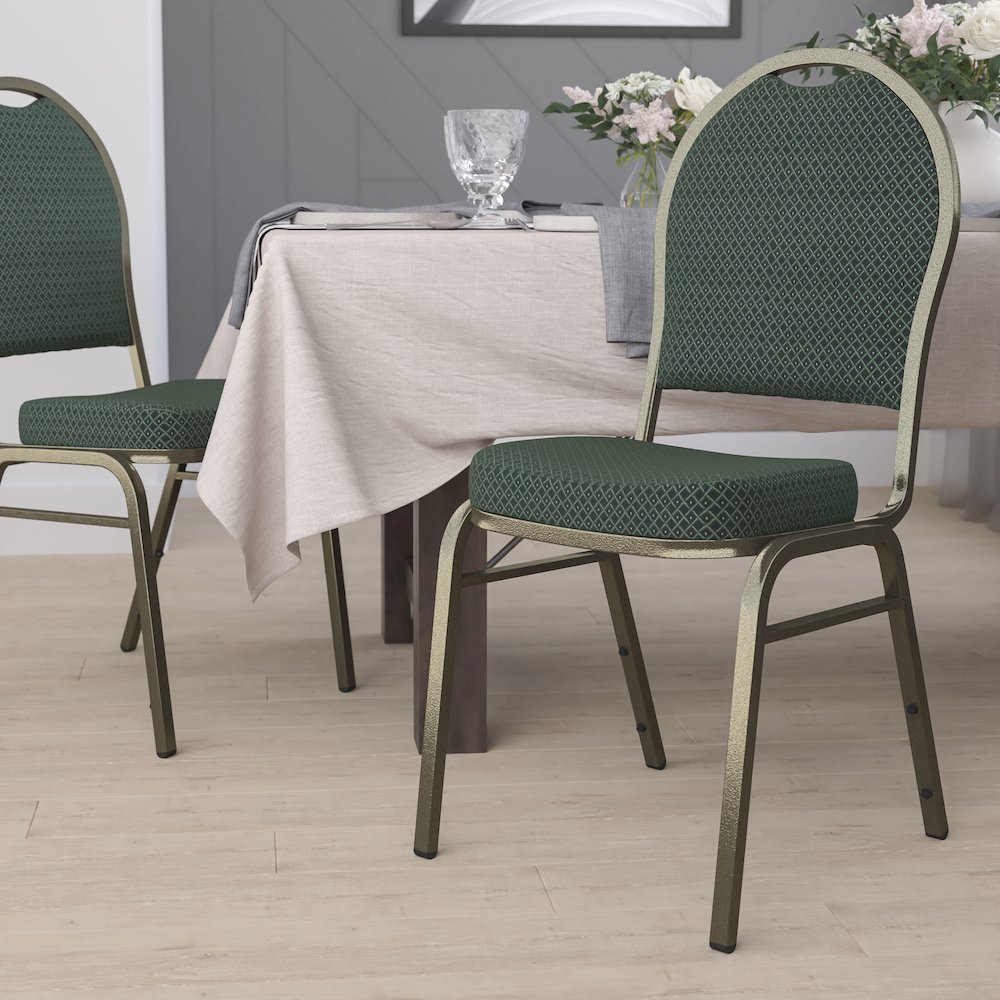 Dome Back Stacking Banquet Chair in Green Patterned Fabric - Gold Vein Frame. Picture 2