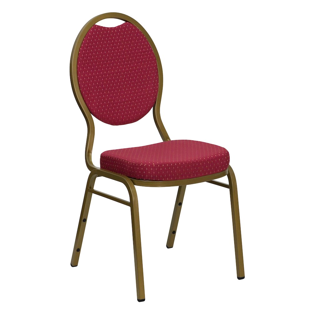Teardrop Back Stacking Banquet Chair in Burgundy Patterned Fabric - Gold Frame. Picture 1