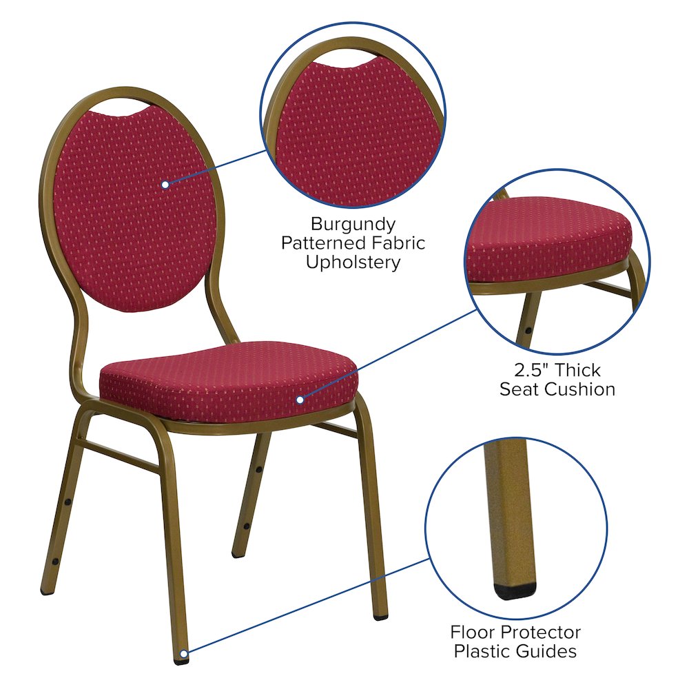 Teardrop Back Stacking Banquet Chair in Burgundy Patterned Fabric - Gold Frame. Picture 5