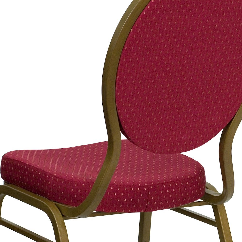 Teardrop Back Stacking Banquet Chair in Burgundy Patterned Fabric - Gold Frame. Picture 11