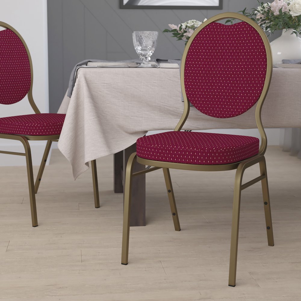 Teardrop Back Stacking Banquet Chair in Burgundy Patterned Fabric - Gold Frame. Picture 2