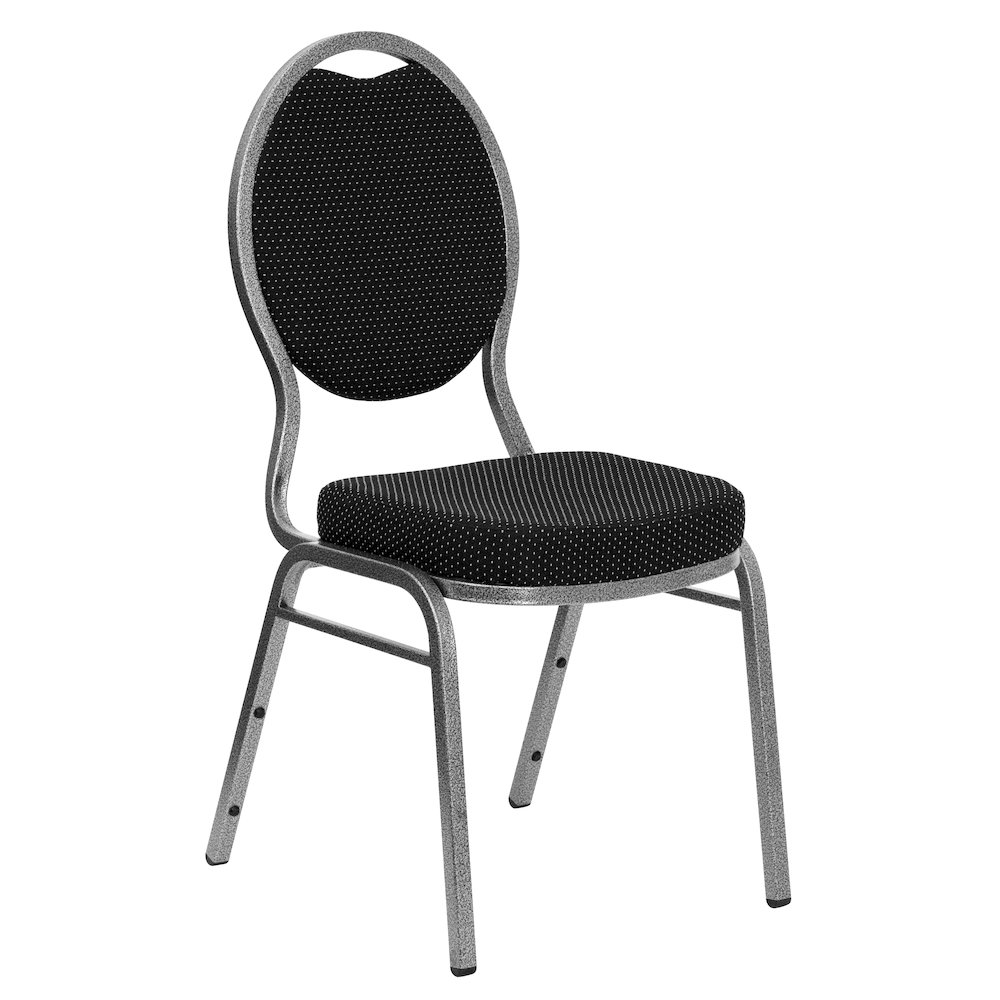 Teardrop Back Stacking Banquet Chair in Black Fabric - Silver Vein Frame. Picture 1