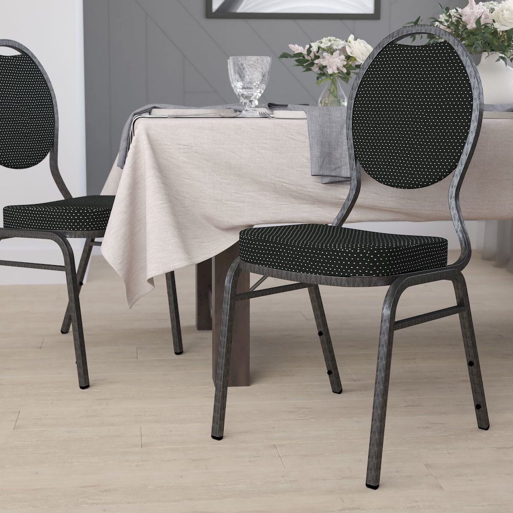 Teardrop Back Stacking Banquet Chair in Black Fabric - Silver Vein Frame. Picture 2