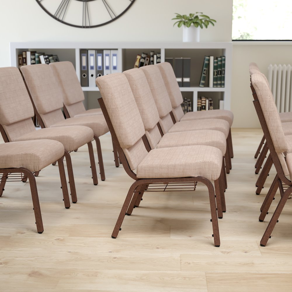 18.5''W Church Chair in Beige Fabric with Book Rack - Copper Vein Frame. Picture 7