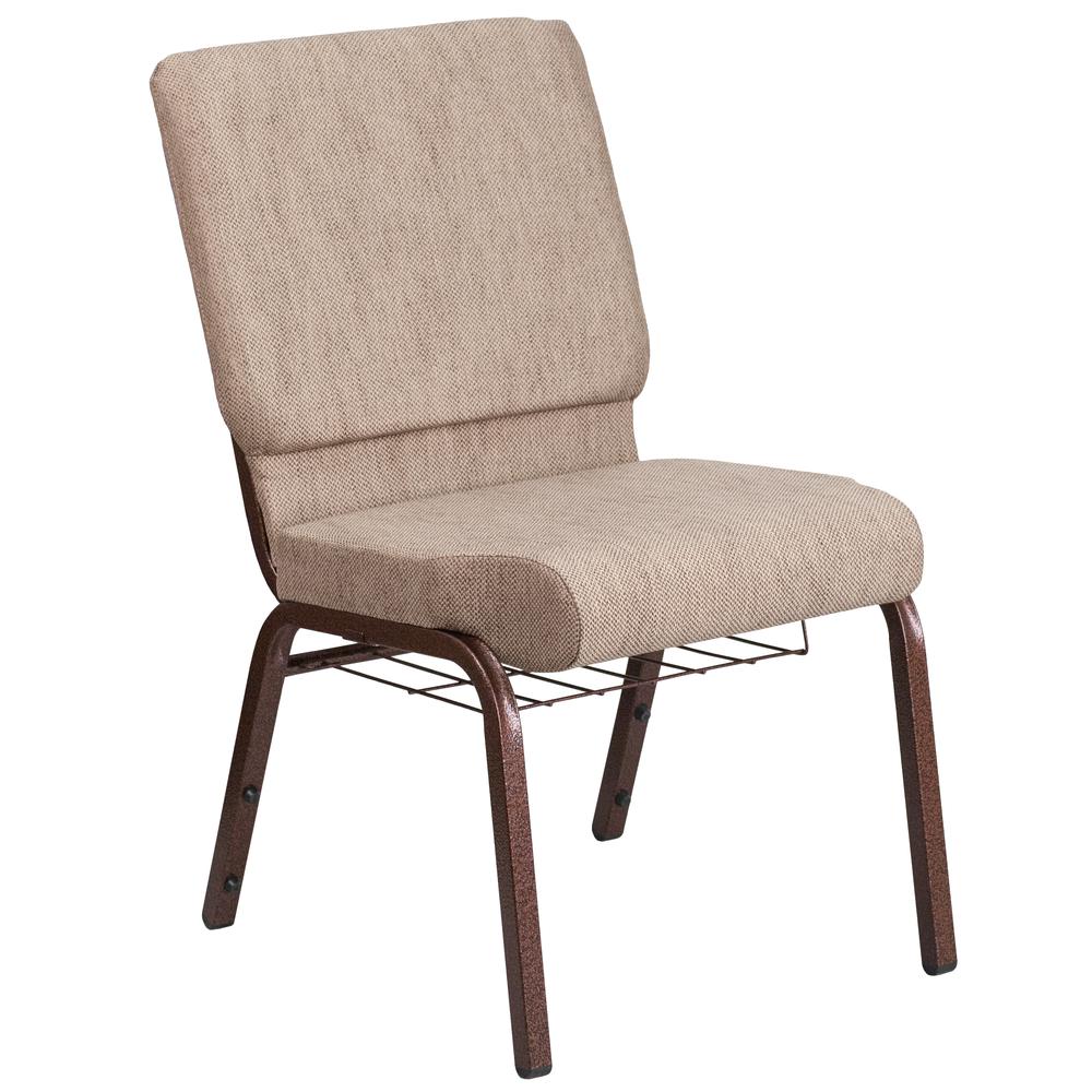 18.5''W Church Chair in Beige Fabric with Book Rack - Copper Vein Frame. Picture 1