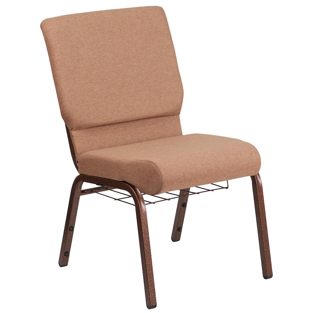 18.5''W Church Chair in Caramel Fabric with Cup Book Rack - Copper Vein Frame. Picture 1