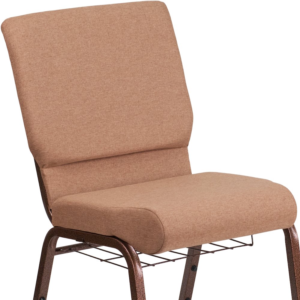18.5''W Church Chair in Caramel Fabric with Cup Book Rack - Copper Vein Frame. Picture 3