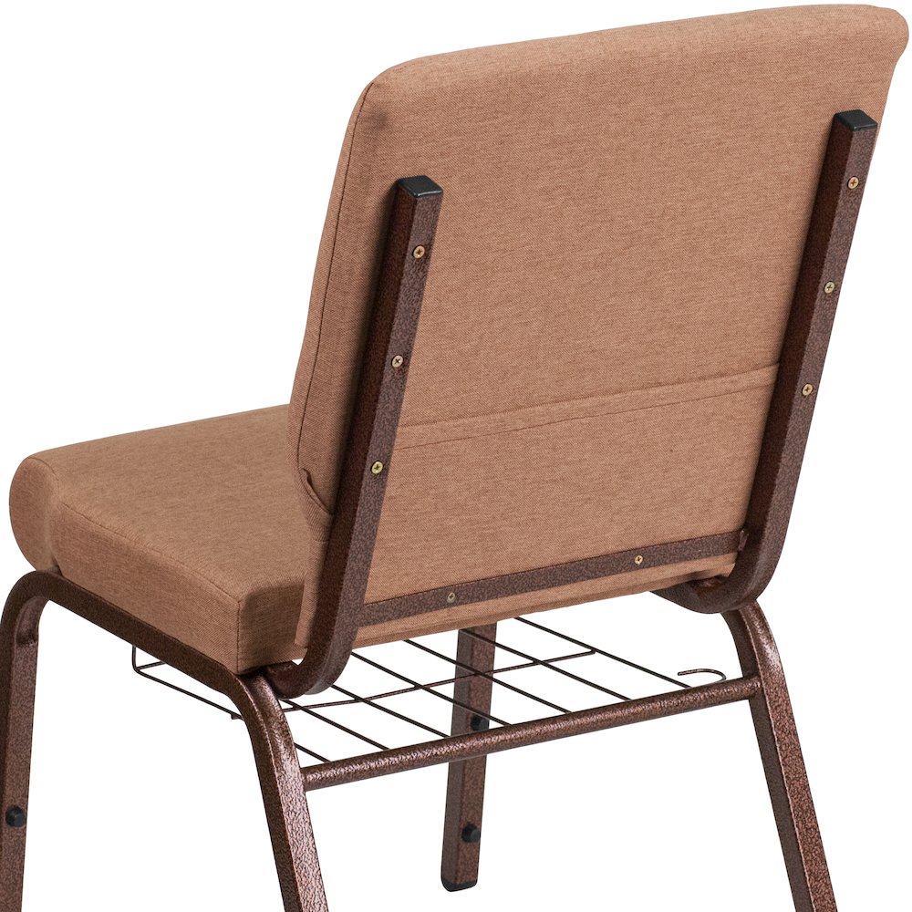18.5''W Church Chair in Caramel Fabric with Cup Book Rack - Copper Vein Frame. Picture 6