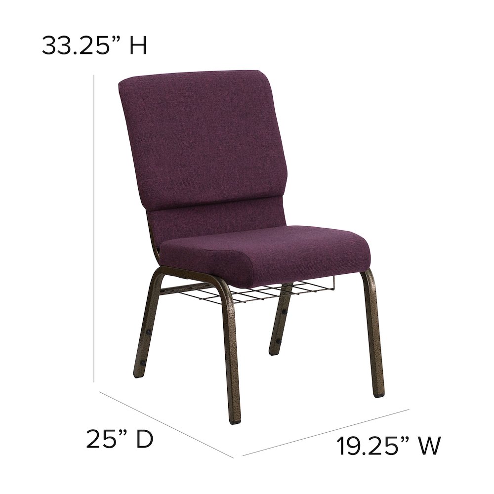 18.5''W Church Chair in Plum Fabric with Cup Book Rack - Gold Vein Frame. Picture 5