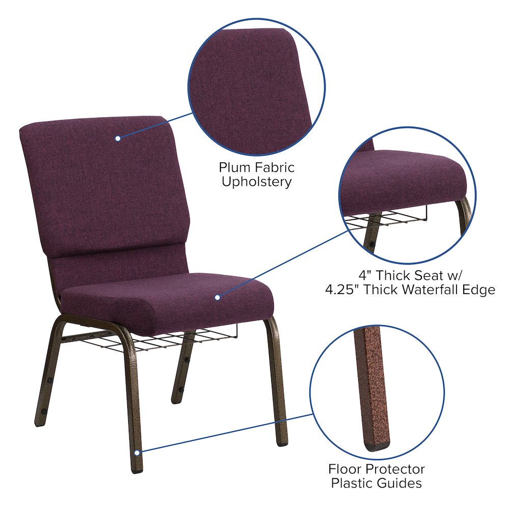 18.5''W Church Chair in Plum Fabric with Cup Book Rack - Gold Vein Frame. Picture 4