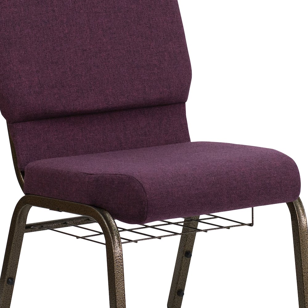 18.5''W Church Chair in Plum Fabric with Cup Book Rack - Gold Vein Frame. Picture 10
