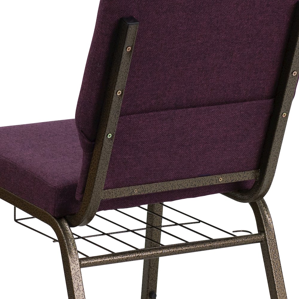 18.5''W Church Chair in Plum Fabric with Cup Book Rack - Gold Vein Frame. Picture 7
